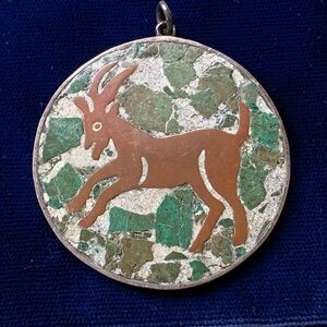 Vintage Sterling Silver Green Inlaid Goat Pendant with Copper Inlay